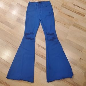 Distressed Royal Blue Denim Flares from Dolls Kill Size 5 (26")